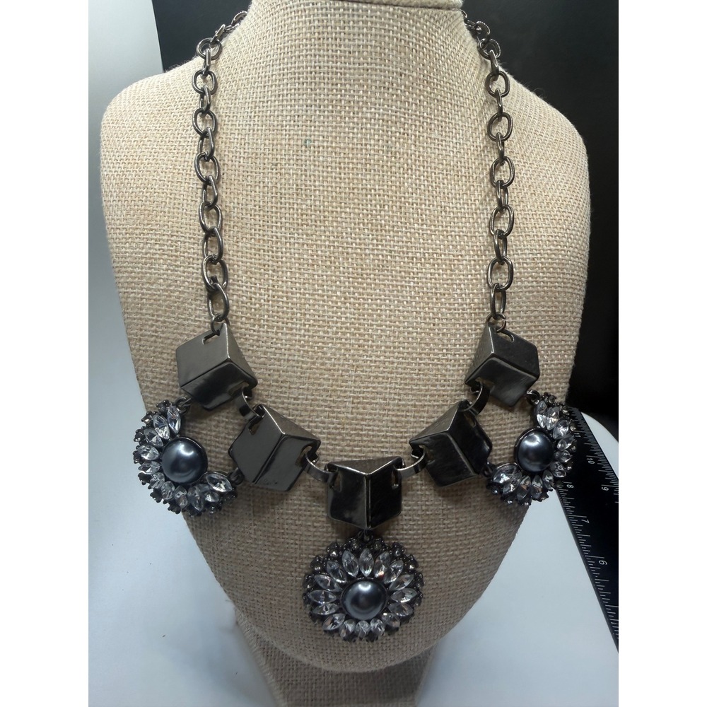 Gunmetal Statement Necklace Geometric Cube Grey Faux Pearl Crystal Floral Bib